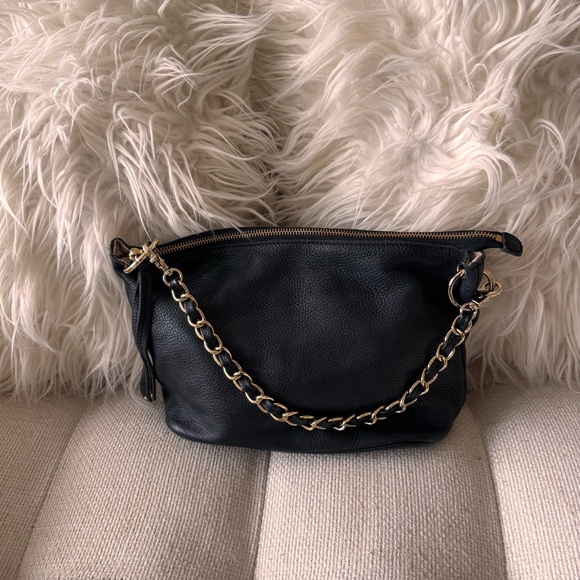 Handbags - Nolley’s Japan Black Pebbled Leather Shoulder Bag - Minimalist Gold Chain